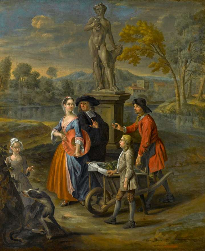 "A Vegetable Seller and his Son Offering Wares to a Lady and a Cleric by a Statue of Bacchus" & "A Vegetable and Fruit Market by a Statue of Venus, with a Town by a River Beyond"